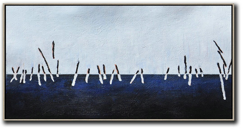 Hand Painted Panoramic Abstract Painting,Modern Paintings On Canvas,White,Grey,Dark Blue,Black